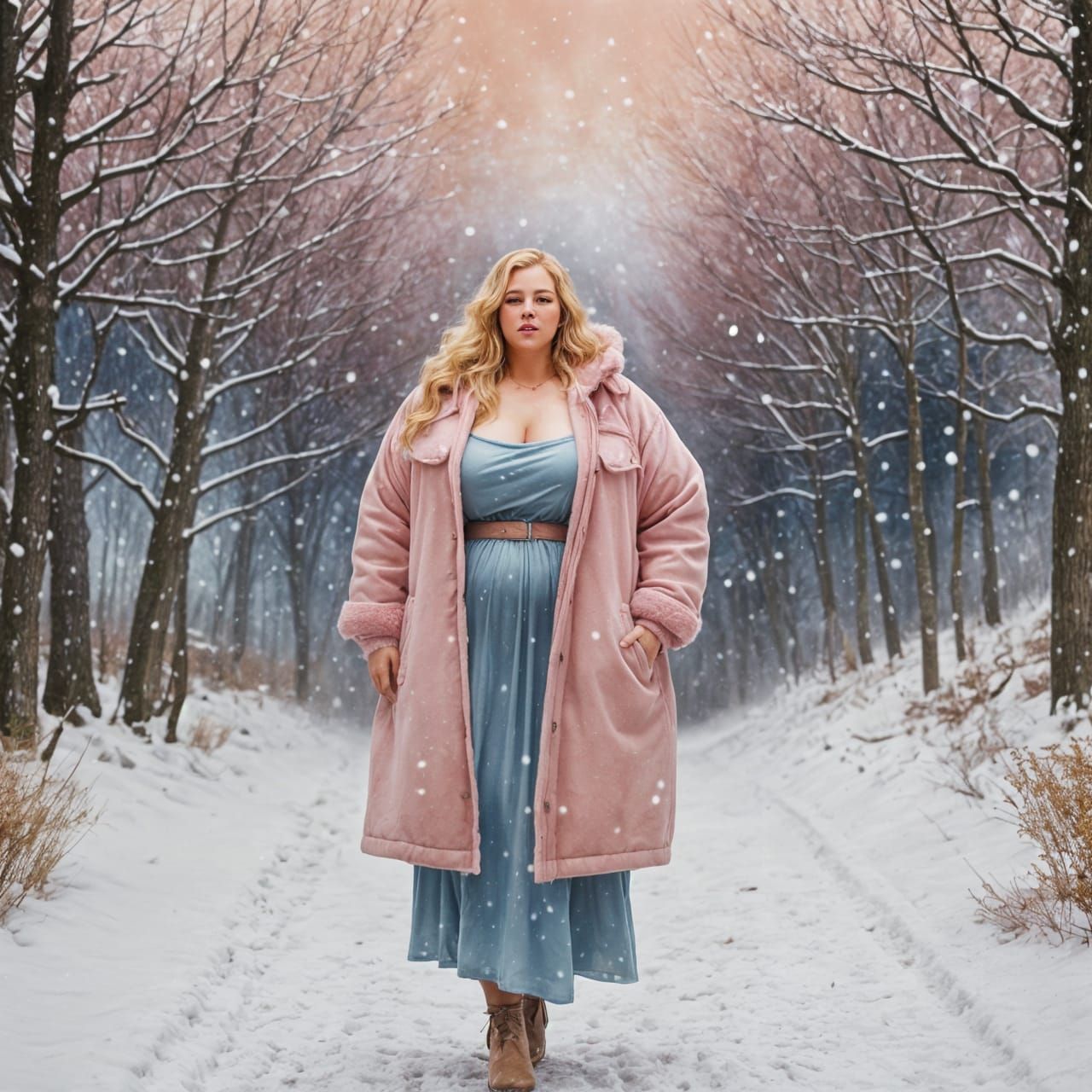 Lovely Plus Size Woman in Watercolour Winter Landscape