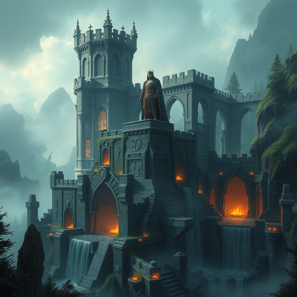Regal King Overlooking Mystical Forest Ruins