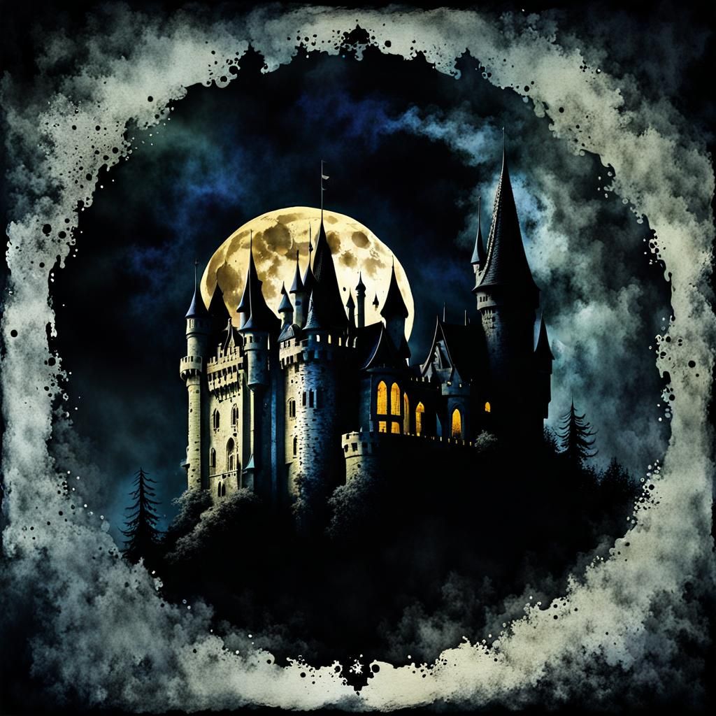 Gothic Castle Under Moonlight: A Watercolour Painting