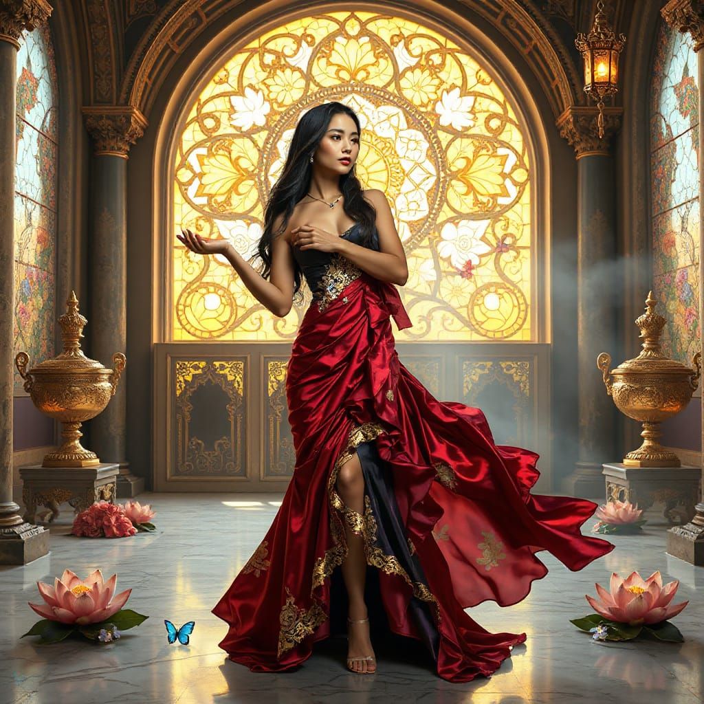 Mystical Woman in Ethereal Chamber with Golden Light