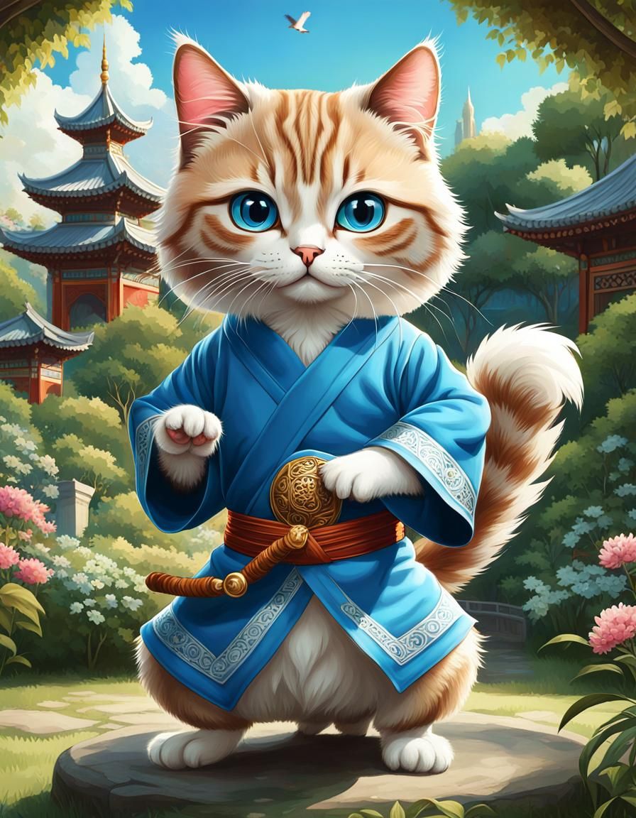 Anthropomorphic Cat Practicing Tai Chi in Serene Gardens