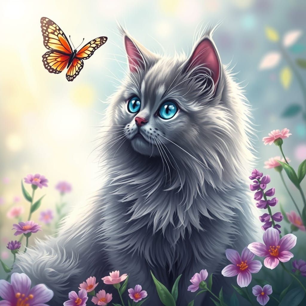 Whimsical Grey Persian Cat in Vibrant Garden Setting