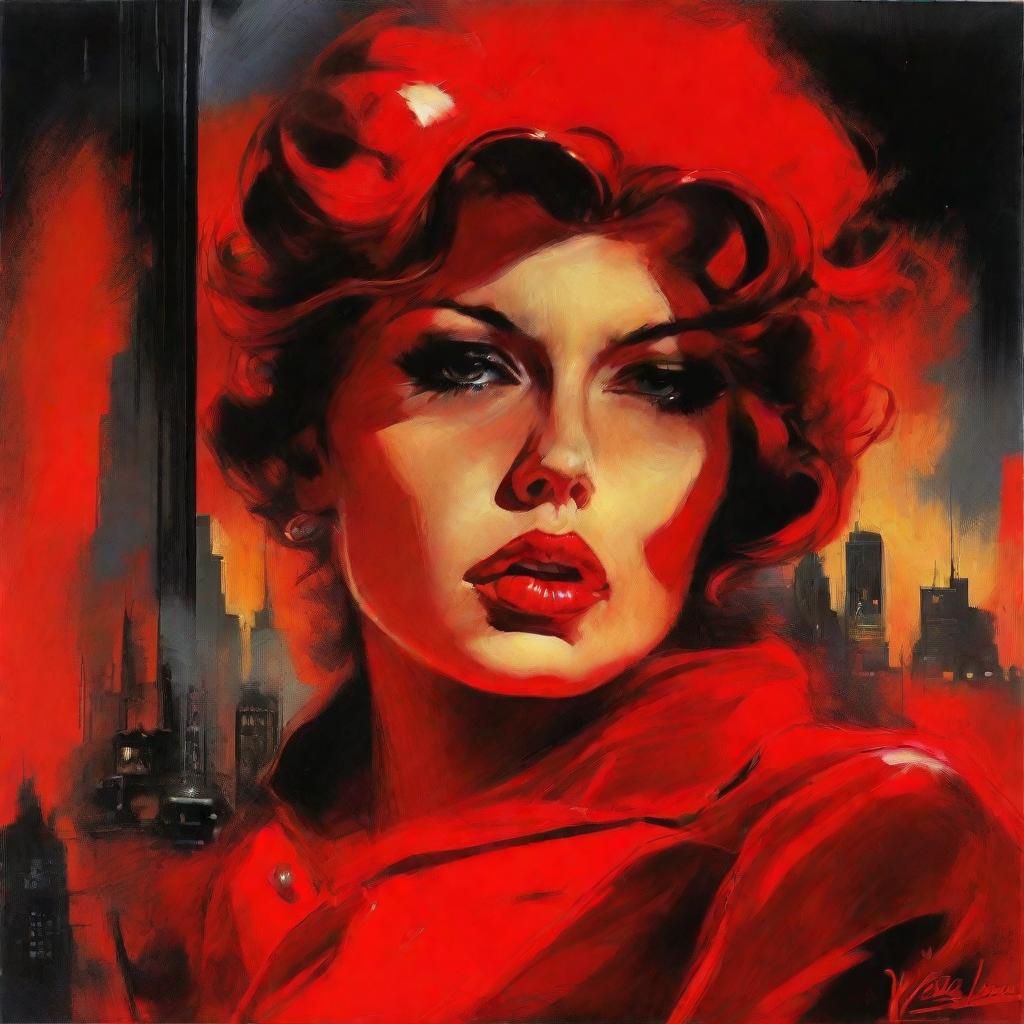 Comic Noir Expressionism, Akira, Boris Vallejo, woman in red portrait