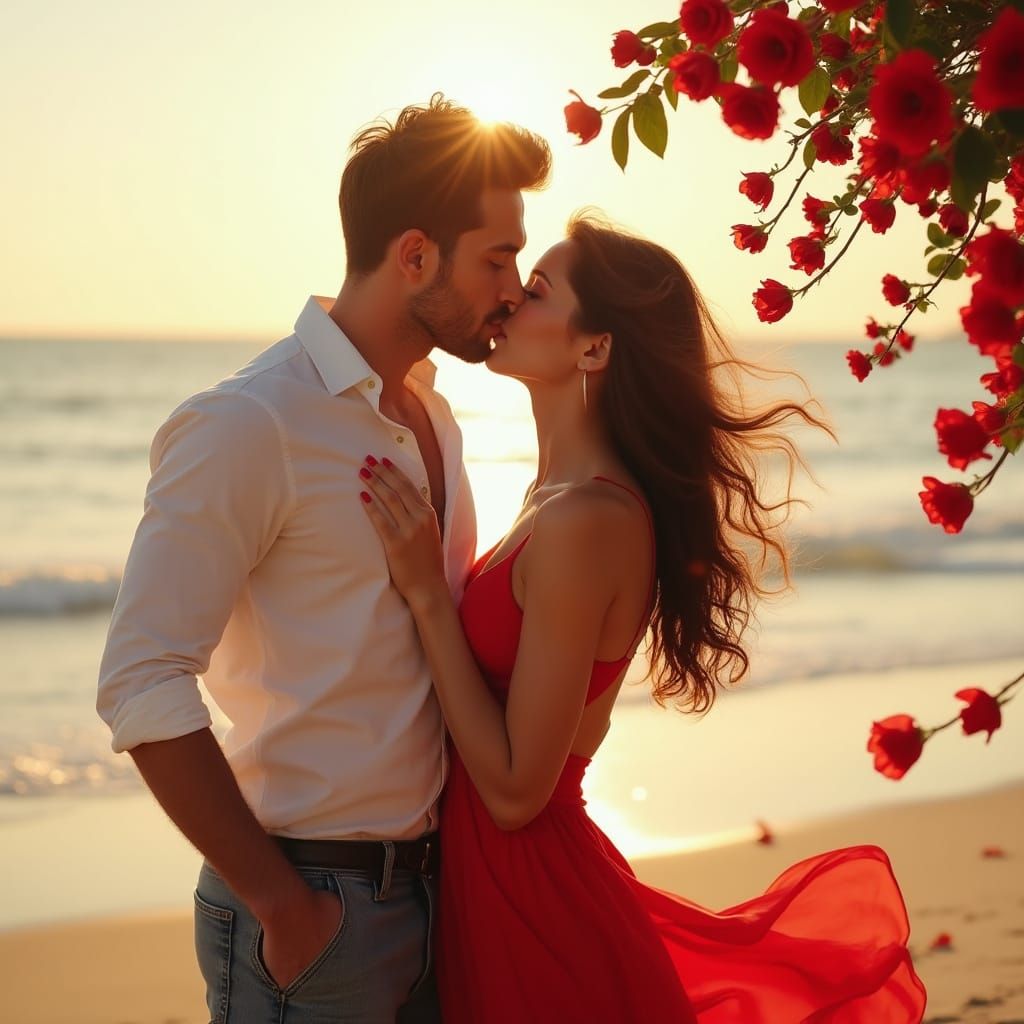 Passionate Seashore Kiss in Vibrant Colors