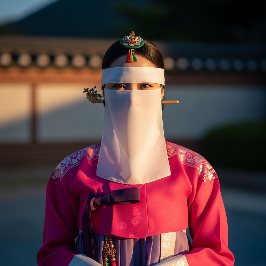 Elegant Korean Woman in Hanbok and Niqab at Twilight