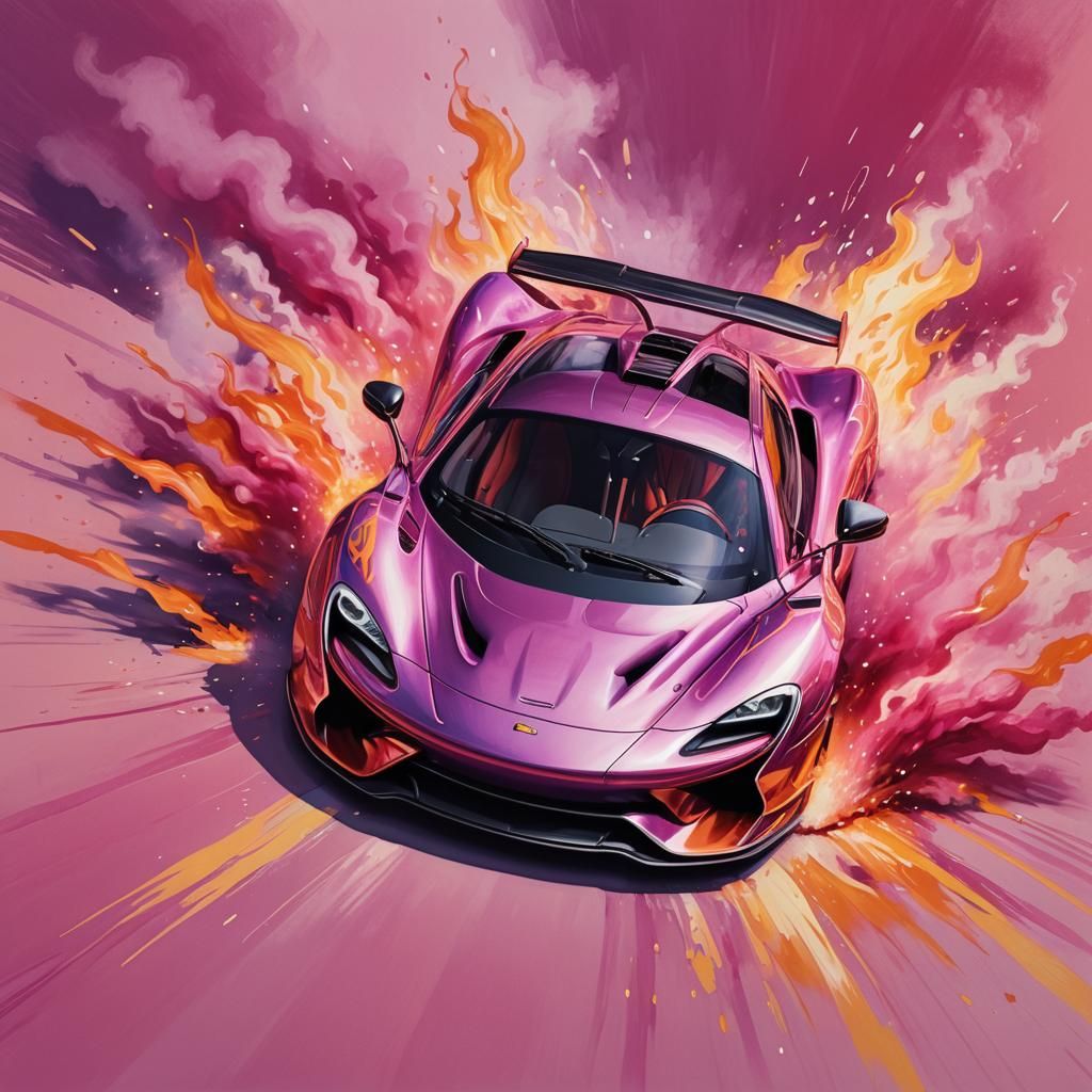Pink McLaren Elva shooting pink flames from the back