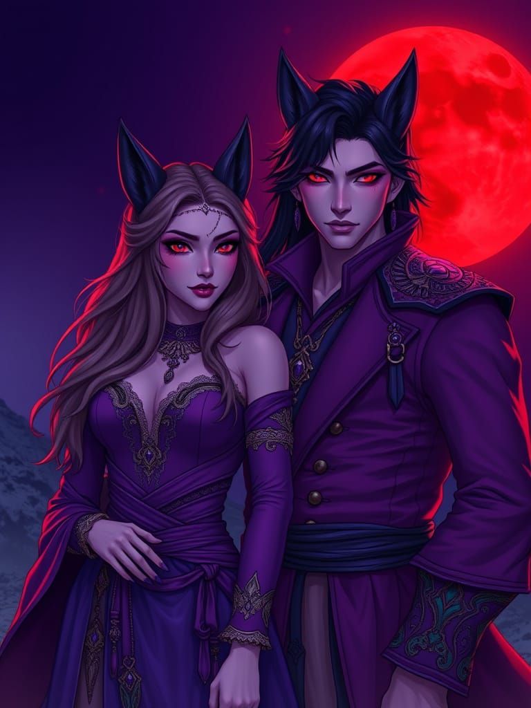 Epic Fantasy Lupine Couple Under a Blood Red Moon