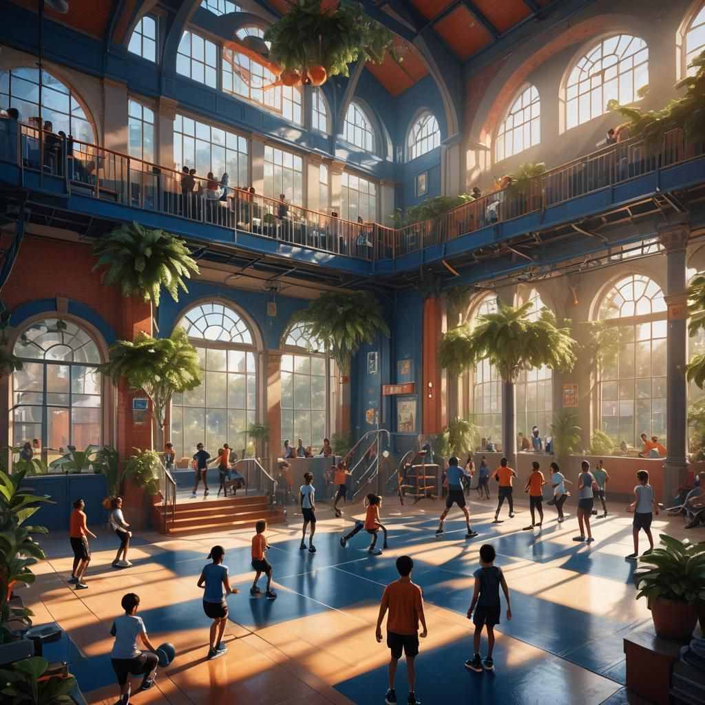 Students in Gym and Playground: Vibrant Concept Art