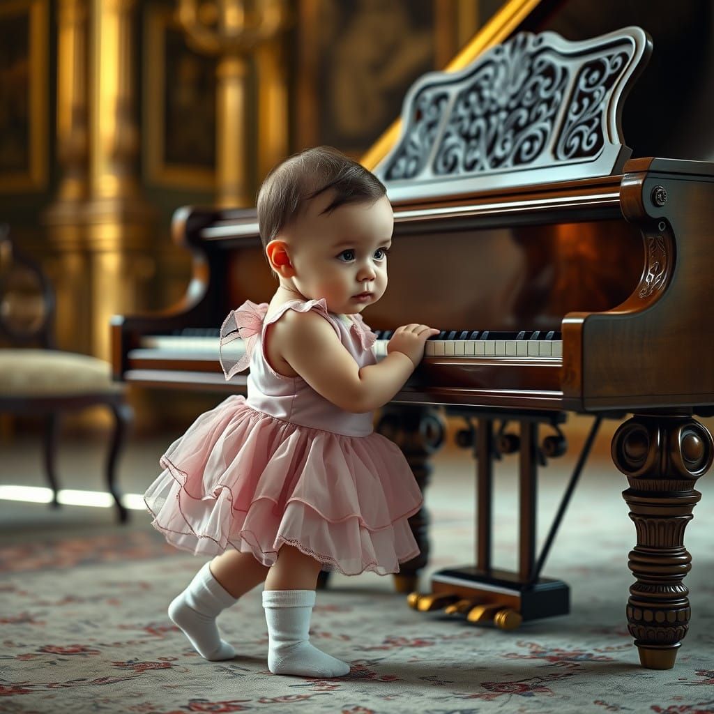 Baby Girl Stands Near Grand Piano in Whimsical, Fantasy Worl...