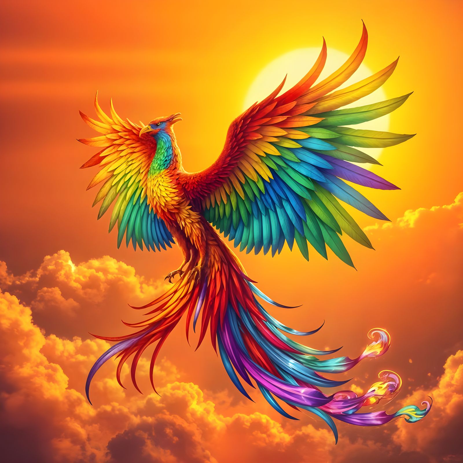 Vibrant Rainbow Phoenix Soars Through Sunset Skies
