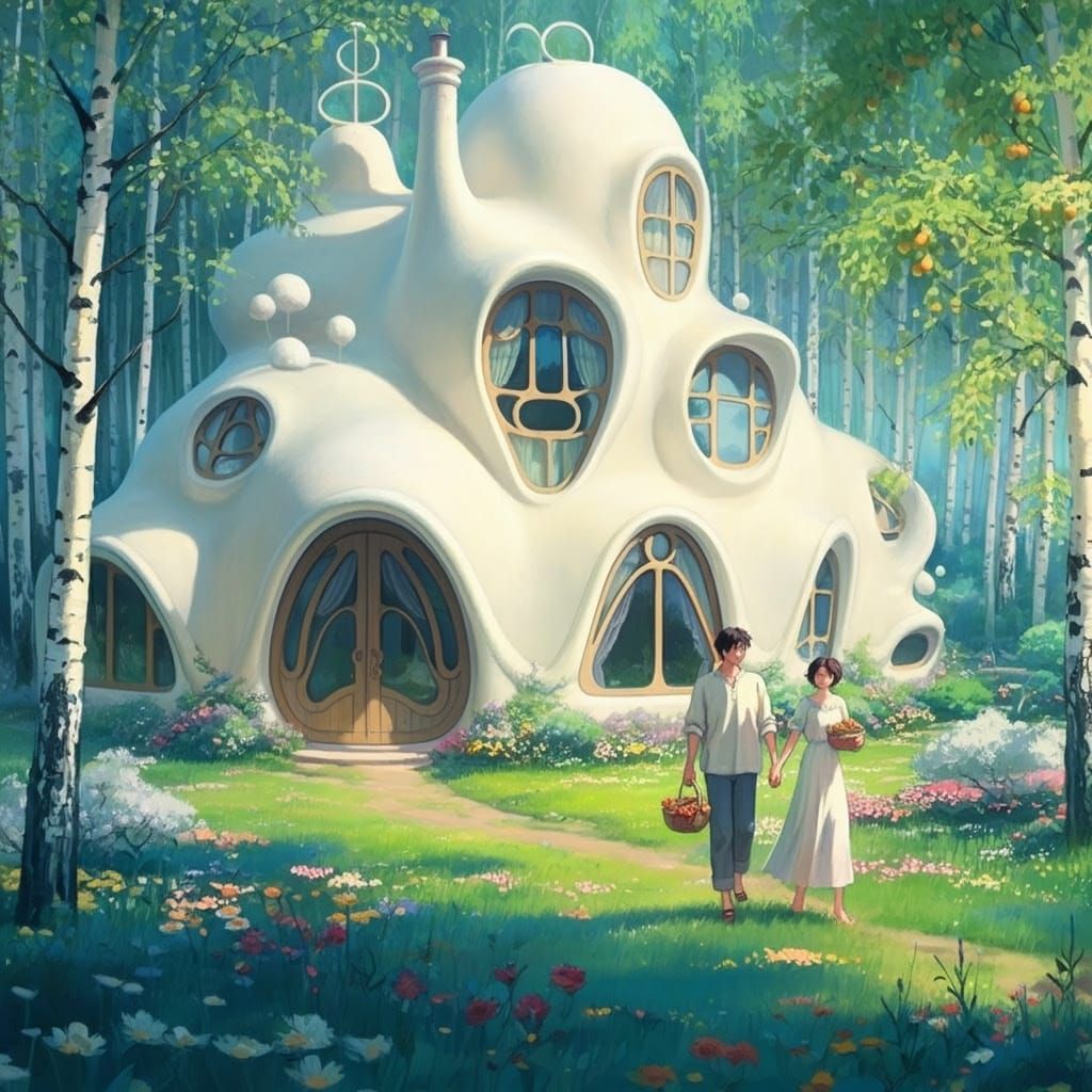 Whimsical Cloud-Shaped House Amidst Vibrant Bloom