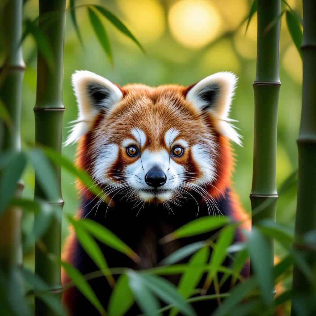 Red Panda Peeking Through Bamboo in Soft Sunlight