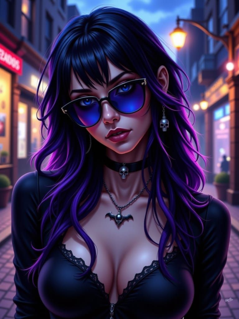 Gothic Woman with Purple Streaks and Bat Sunglasses
