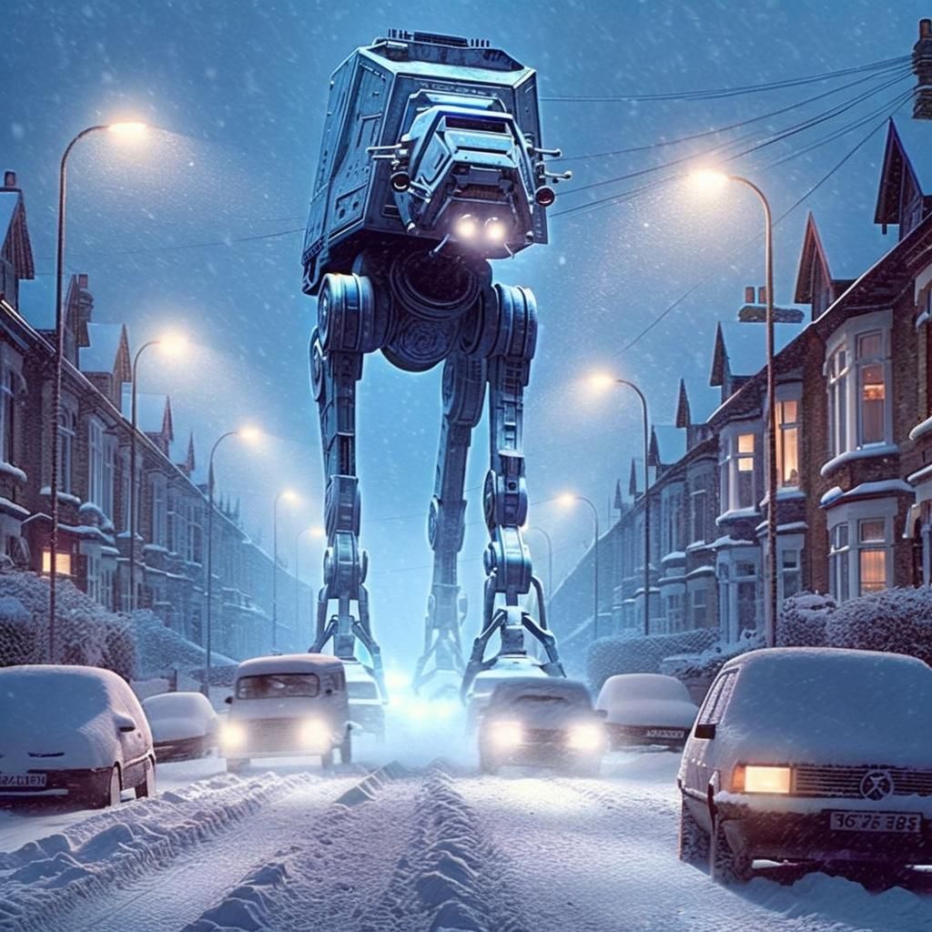 Snowy Street Scene with Futuristic Mechanical Walker