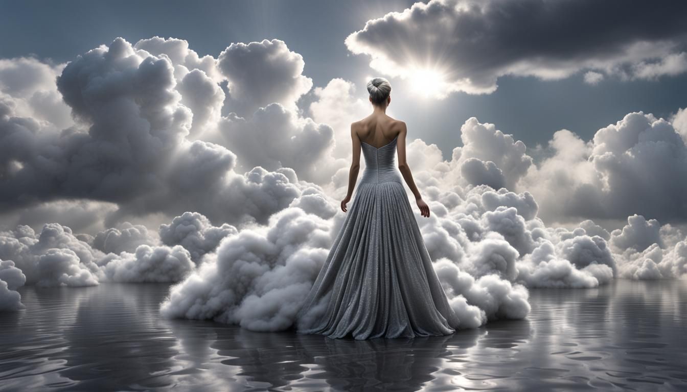 Ethereal Woman with Cloud Hair in Silver Dress