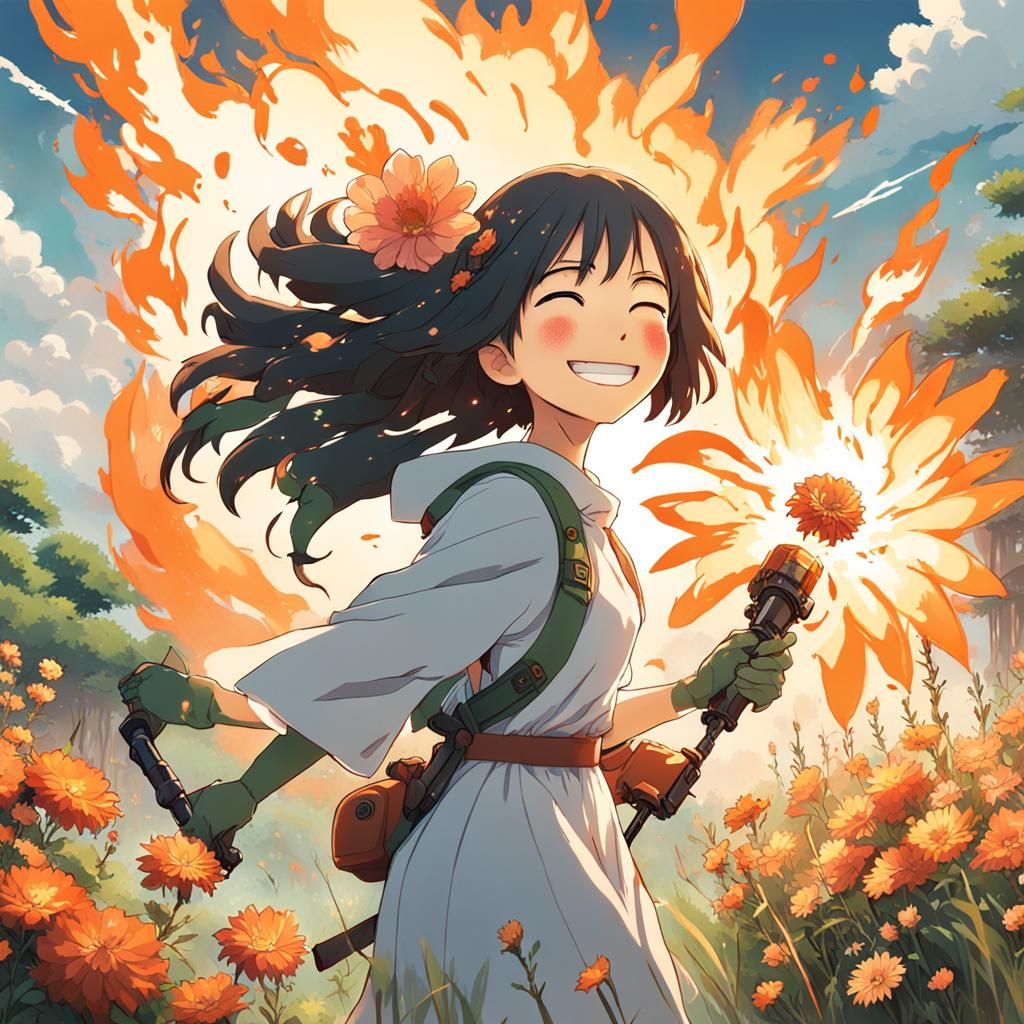 Anime Flower Girl with Flamethrower, Studio Ghibli Style