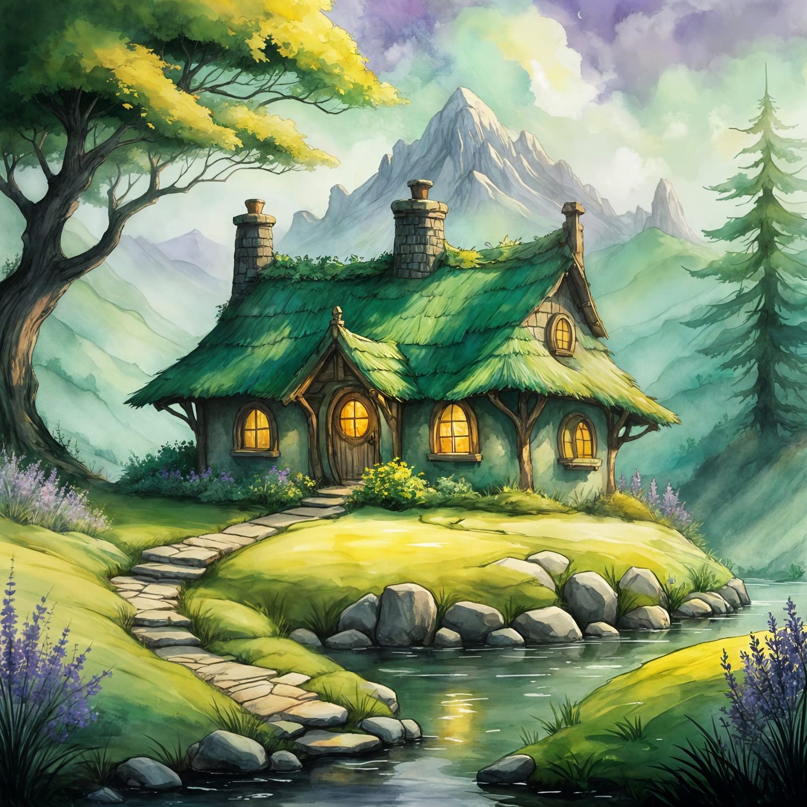 Magical Hobbit House Landscape in Art Nouveau Style
