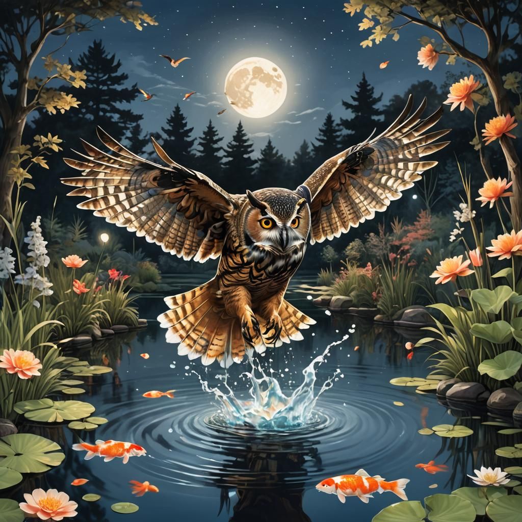 Owl Grabbing Koi from Pond, Splash Art