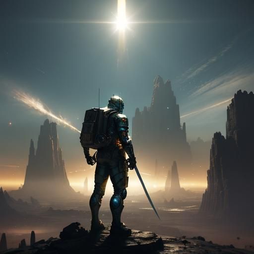 Cyberpunk Space Explorer in Ruins