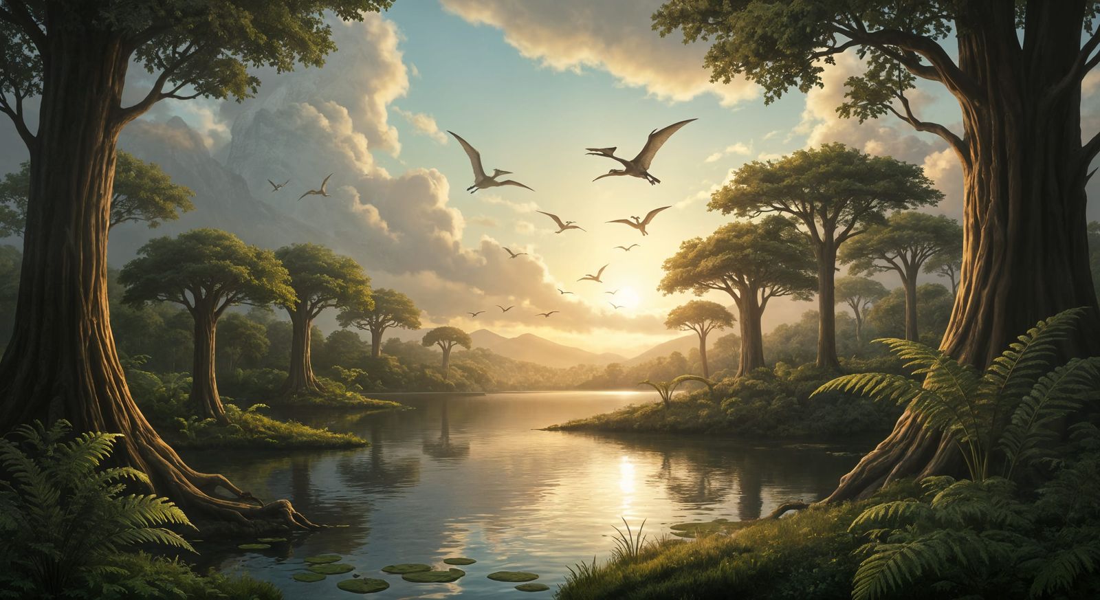 Jurassic Lake with Soaring Pterodactyls at Sunset