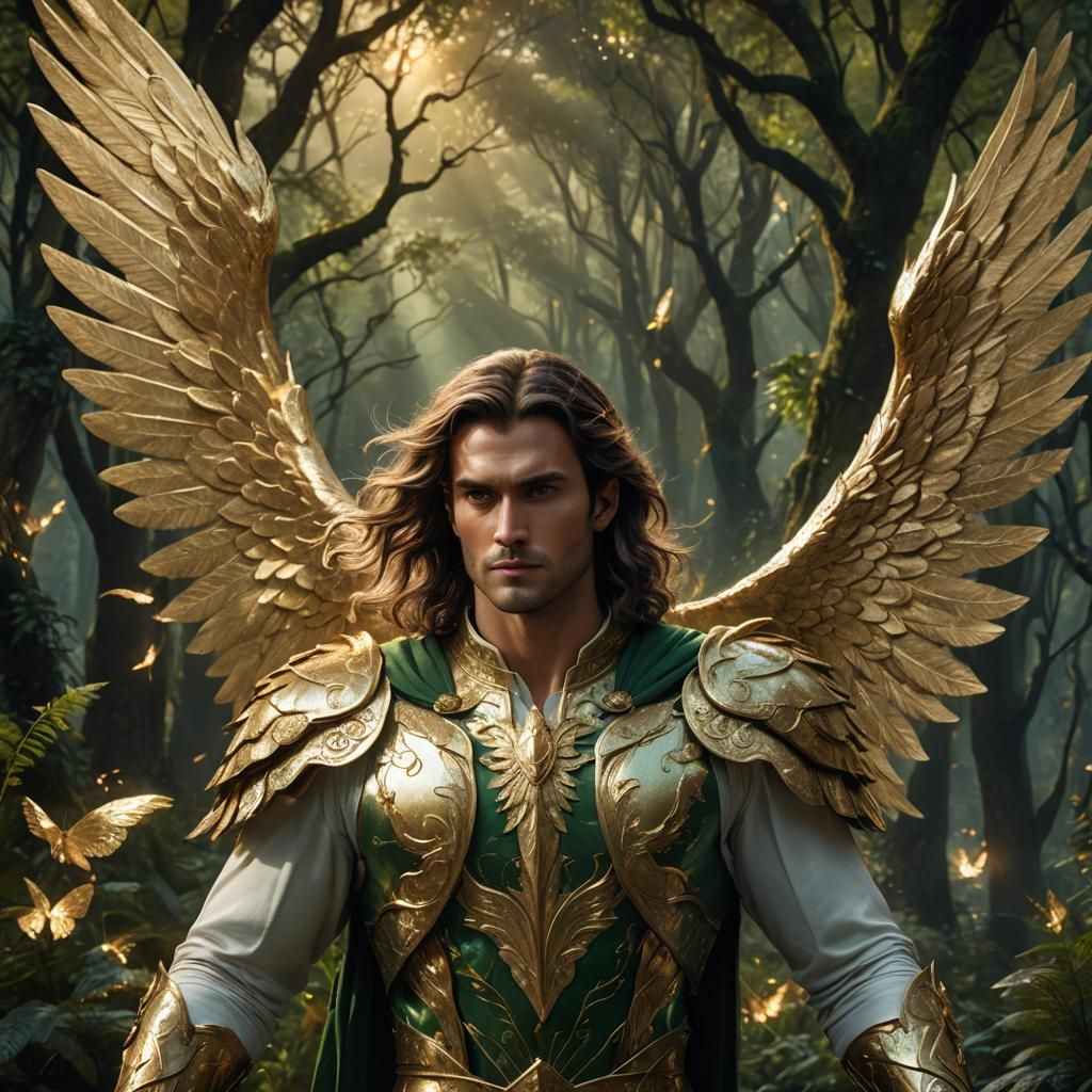Radiant Stone Angel in Lush Forest, Fantasy Art