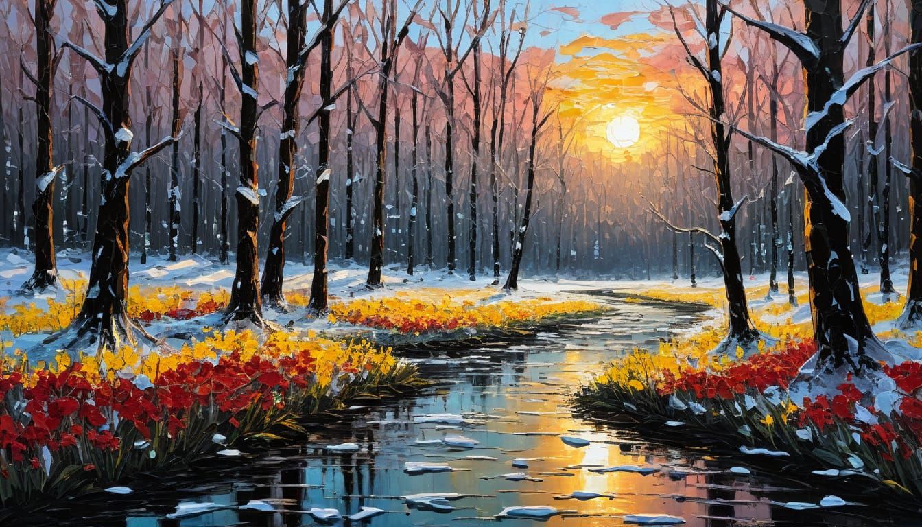 Winter Forest Sunset in Impasto Palette Knife Style
