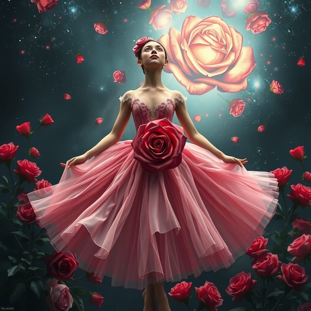 Ballerina in Rose Dress with Galaxy Background