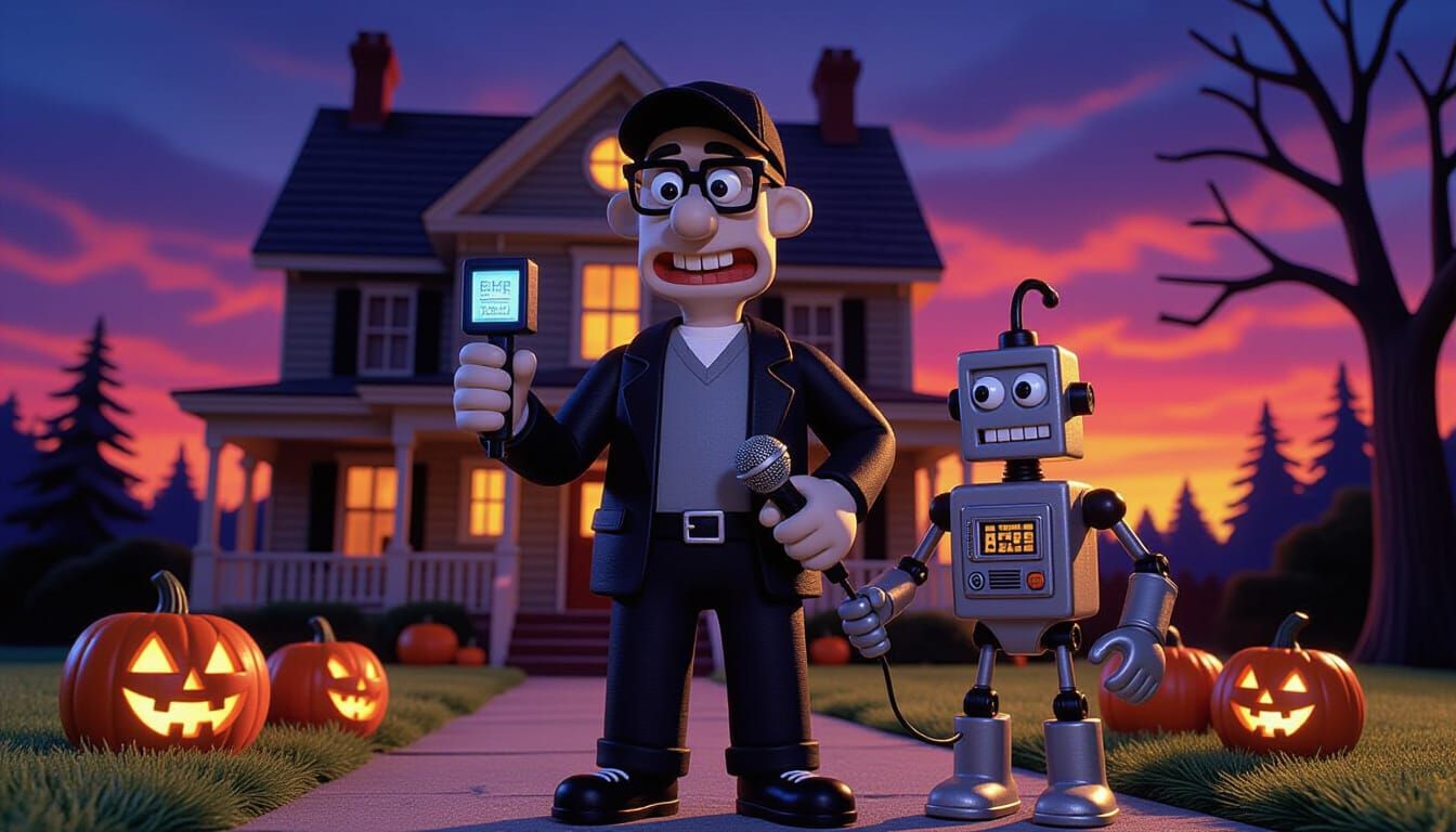 Claymation Paranormal Investigator with Robot Beside Haunted...