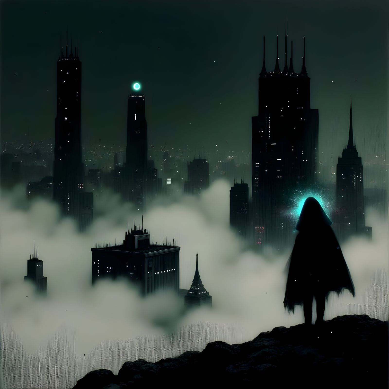 Gothic Cityscape in Midnight Fog