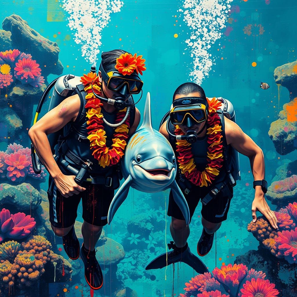 Hawaiian Divers and Dolphin in Graffiti Art Style