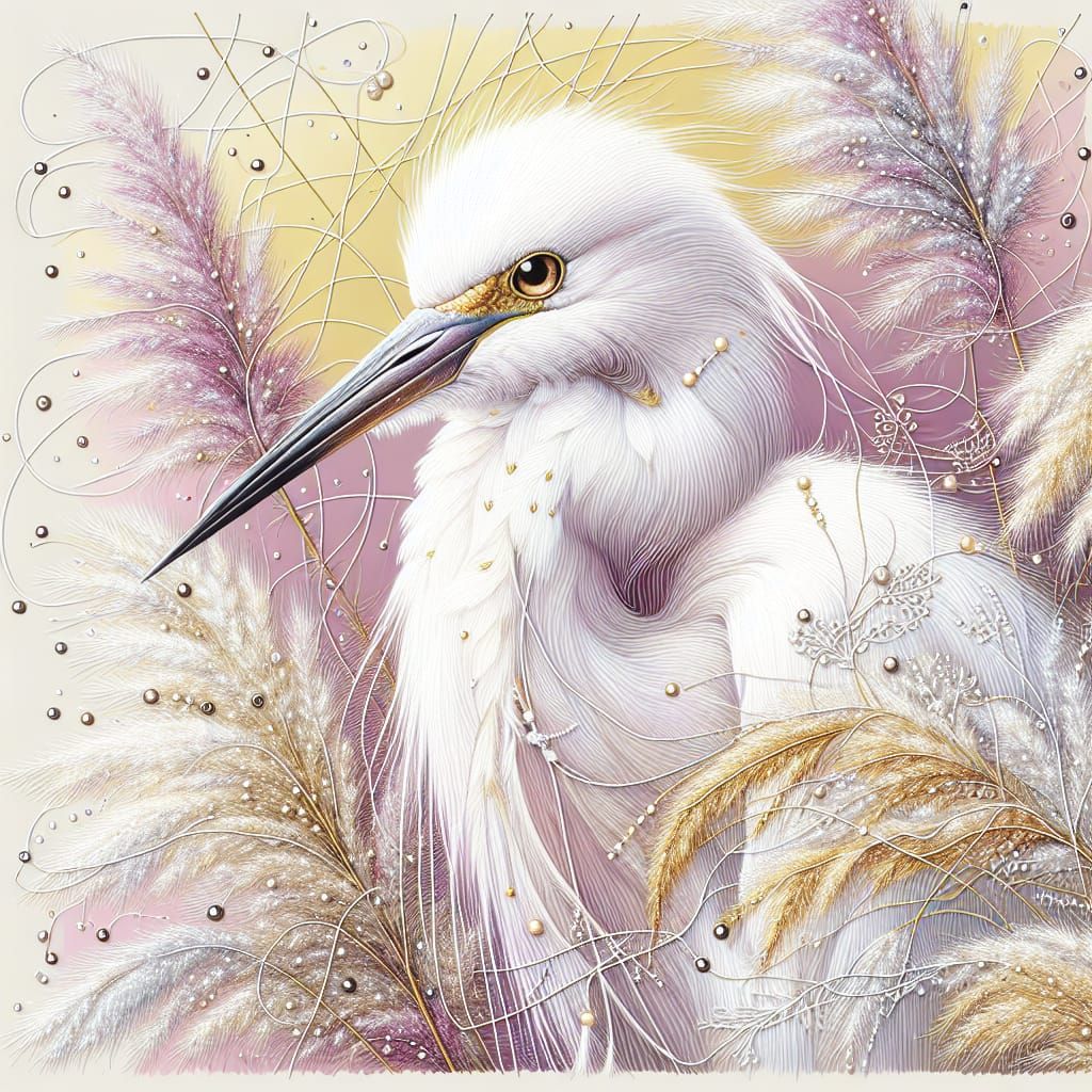 Elegant White Egret in Pastel Landscape Illustration