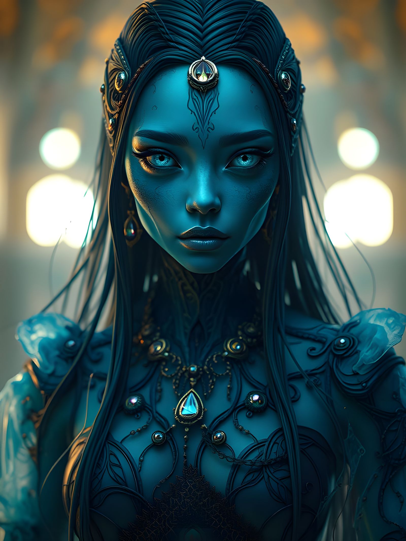 Beautiful Blue-Skinned Alien Woman In Translucent Dress