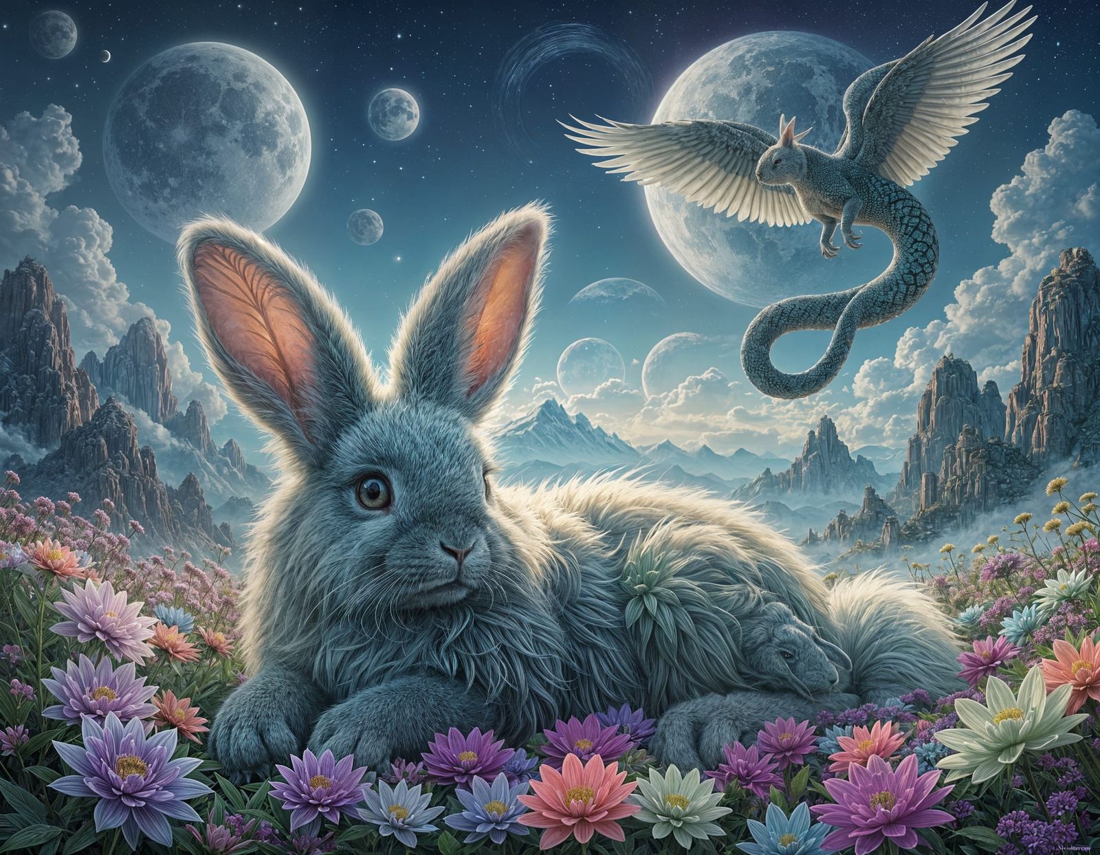 Emerald Rabbit in Alien Landscape with Crystal Flowers
