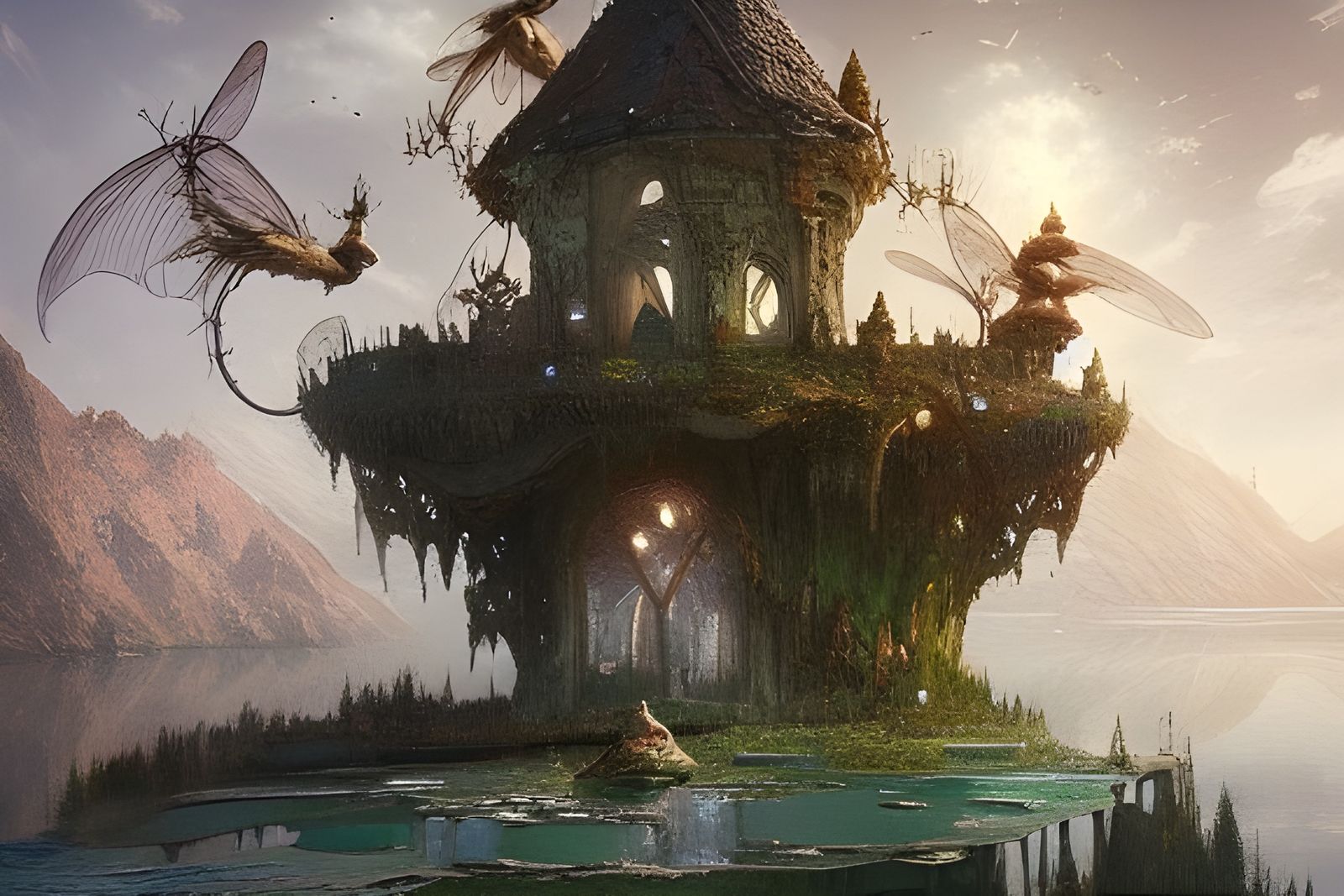 Fairy castle near a lake