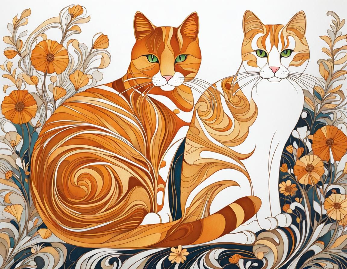 Art Nouveau Sketch of Ginger and Tabby Cats