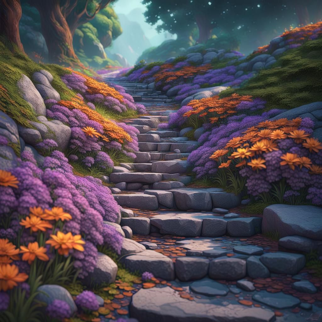 Lush Overgrown Cobblestone Trail in Japanese Art Style