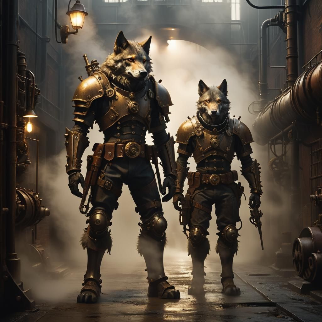 Steampunk Wolf Mercenary in Industrial Alleyway