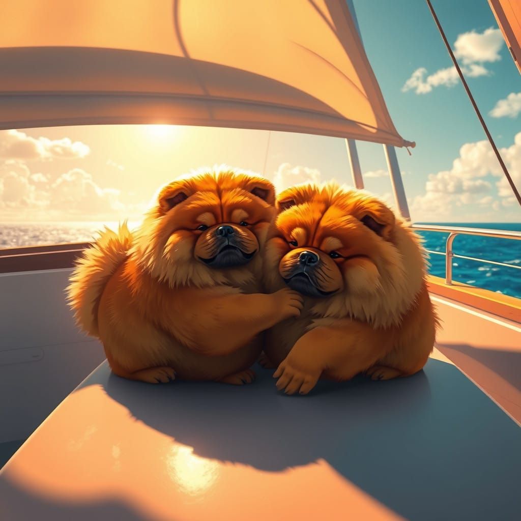 Chubby Chow Chows Hugging on Luxurious Yacht in Whimsical Wo...