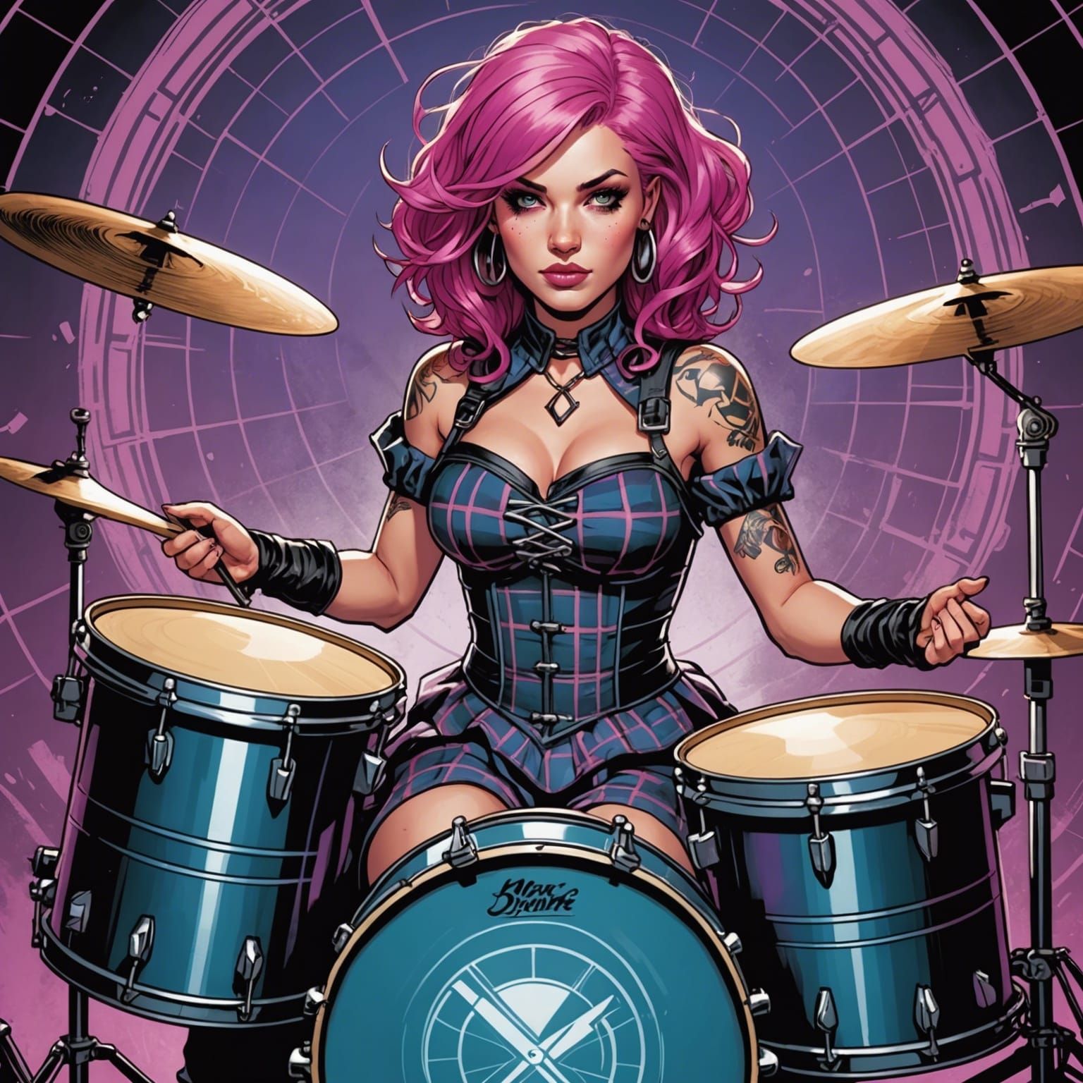 Pink-Haired Rocker Drumming in Comic Book Style