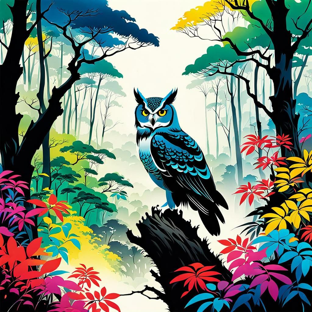 Owl in Colorful Forest: Chinese Ink Painting