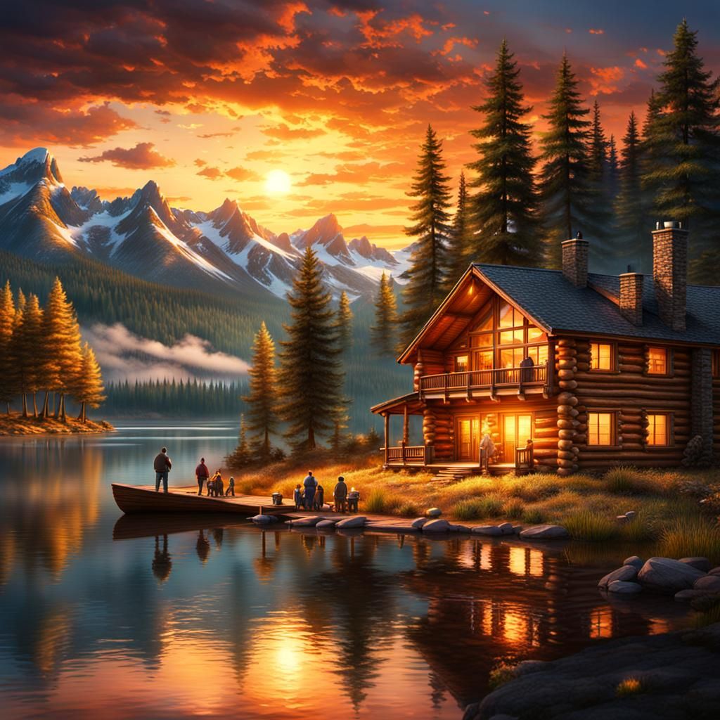 Family Fishing at Sunset by Log Cabin