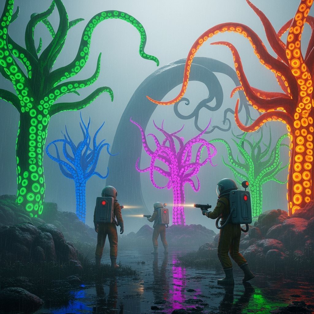 1950s Sci-Fi Crew Explores Alien Planet with Colorful Trees