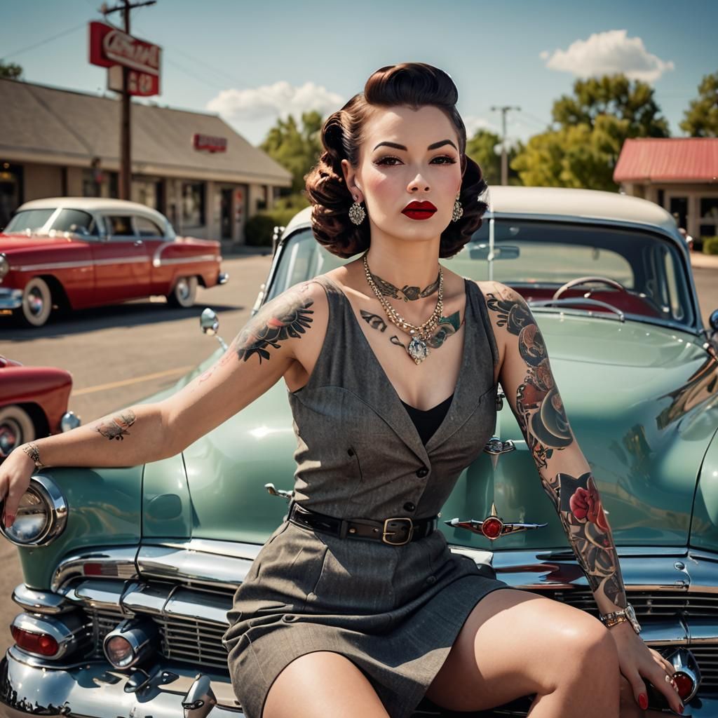 American Pin-Up Model on Classic Car