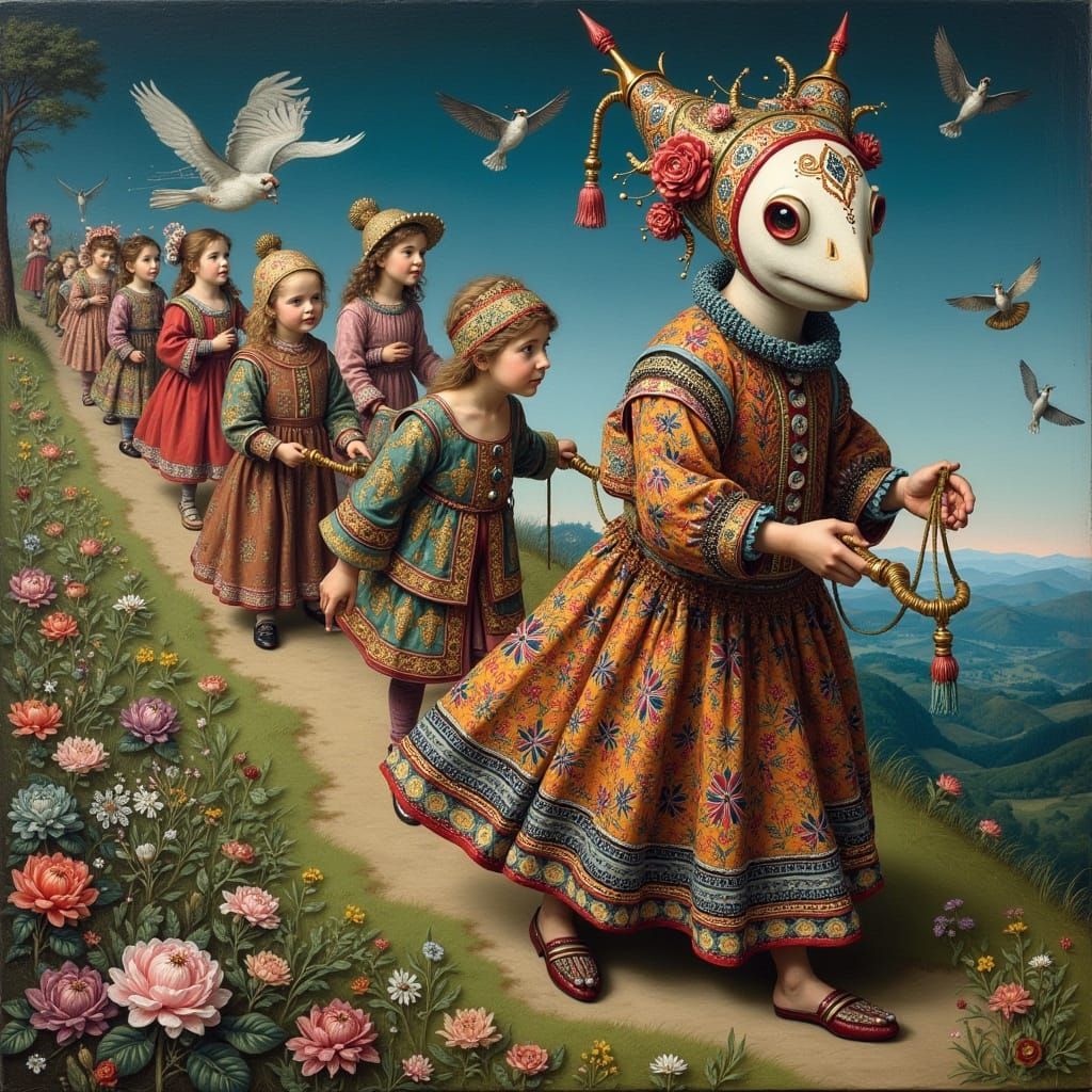 Harlequin Leading Children, Detailed Medieval Art