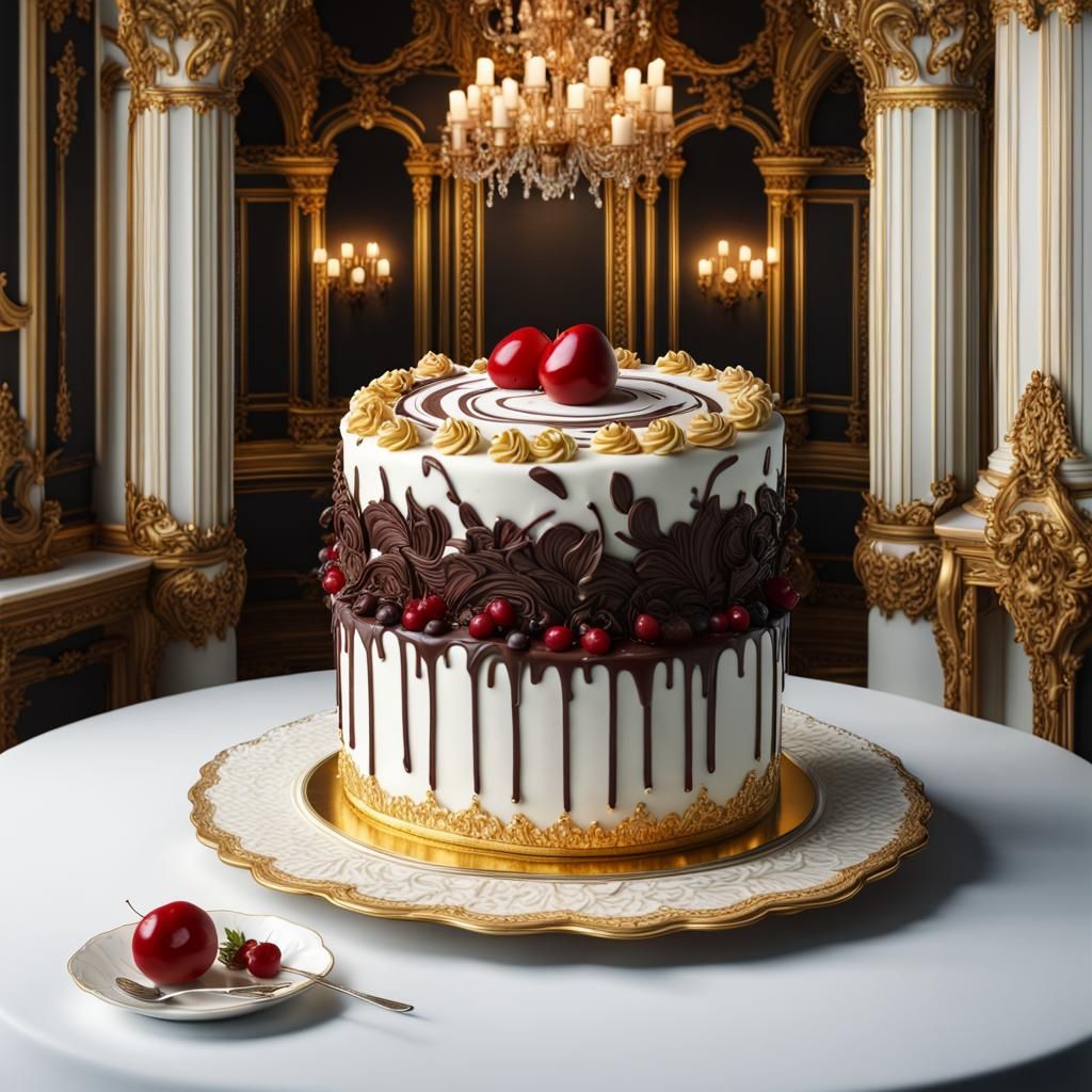 Opulent Black Forest Cake in Paris, Digital Matte Painting