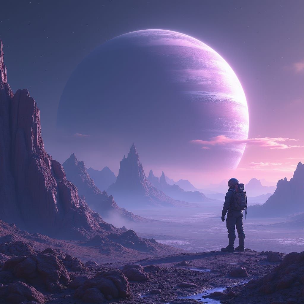 Astronaut on Alien Planet with Ringed Gas Giant