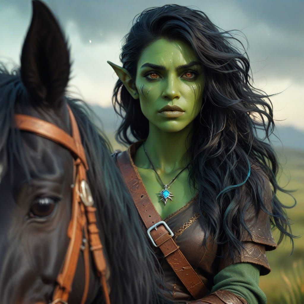 Young Half-Orc Maiden in Equestrian Attire