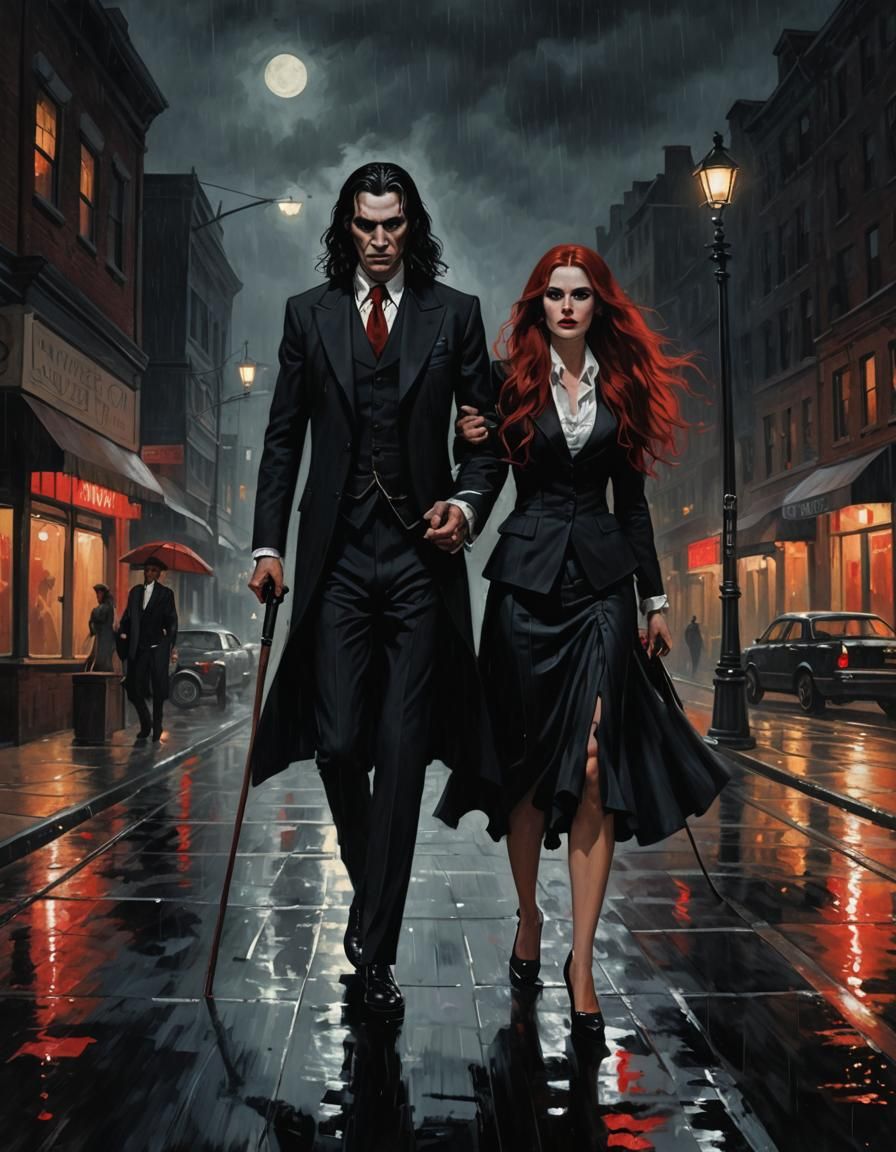 Sinister Vampire Couple in Rainy Street