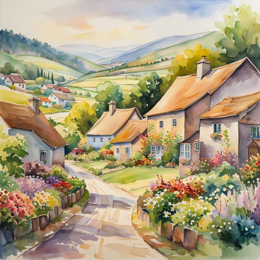 Pastel Watercolor Village Scene with Flower Gardens