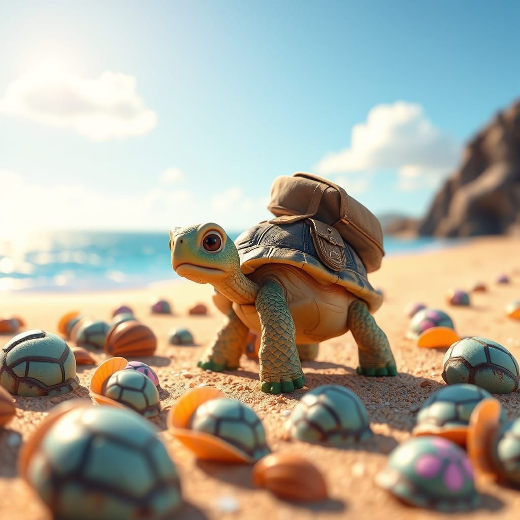 Tortoise Finds Shells on Sunny Beach in Claymation Style